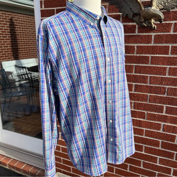 -Duluth "Untucked" Relaxed Fit Button Down Blue/Salmon/Teal Big & Tall Men's 2XL - Picture 7 of 8